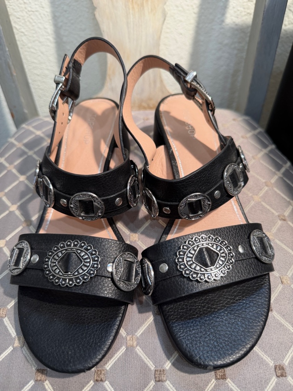 Topshop Black Leather Studded Slingback Sandals with Silver Accents